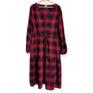 Knox Rose Buffalo Check Long Sleeve Ruffled Tiered Flannel Maxi Dress Womens XXL